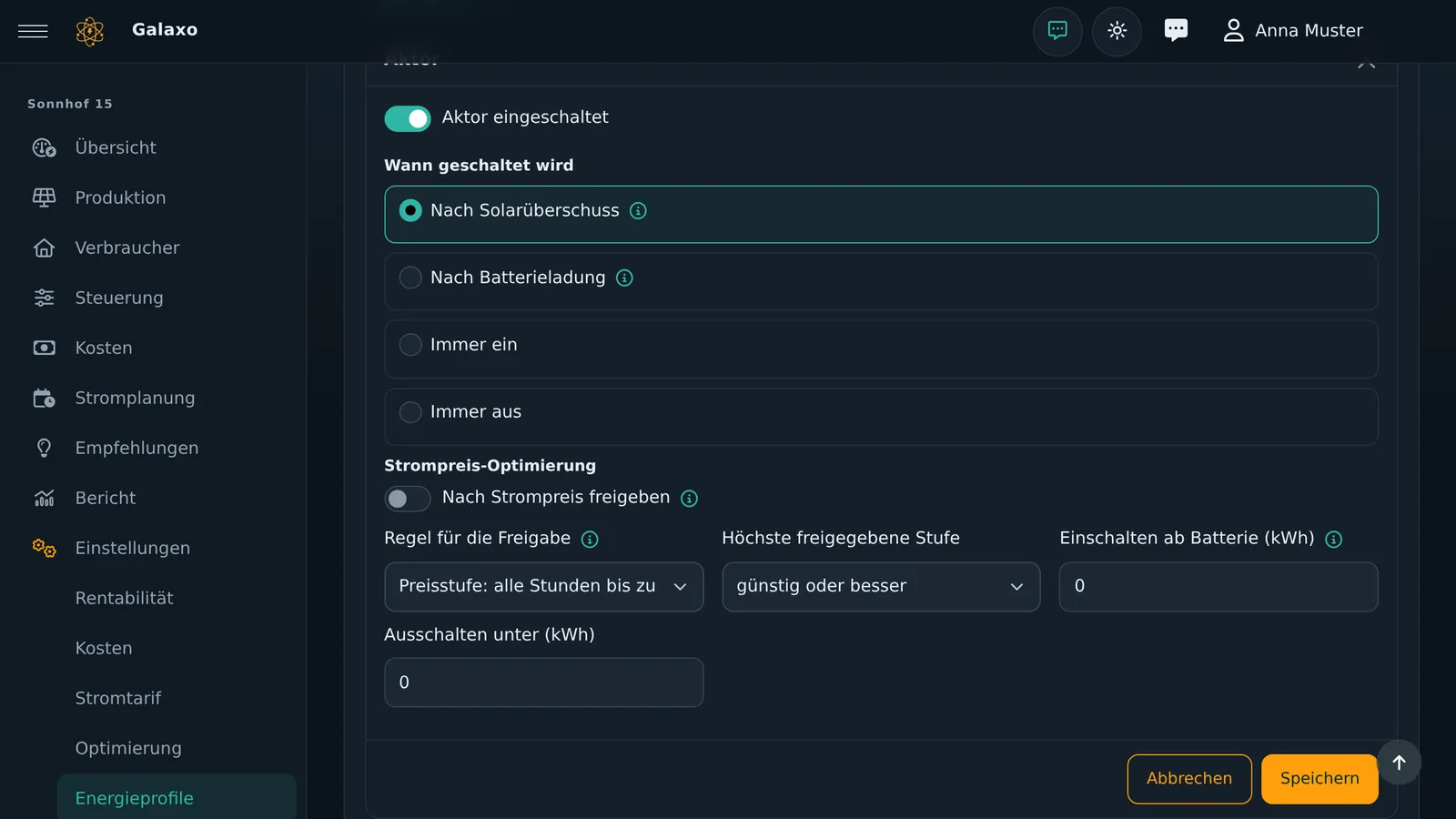 Aktor-Einstellungen mit Preisfreigabe