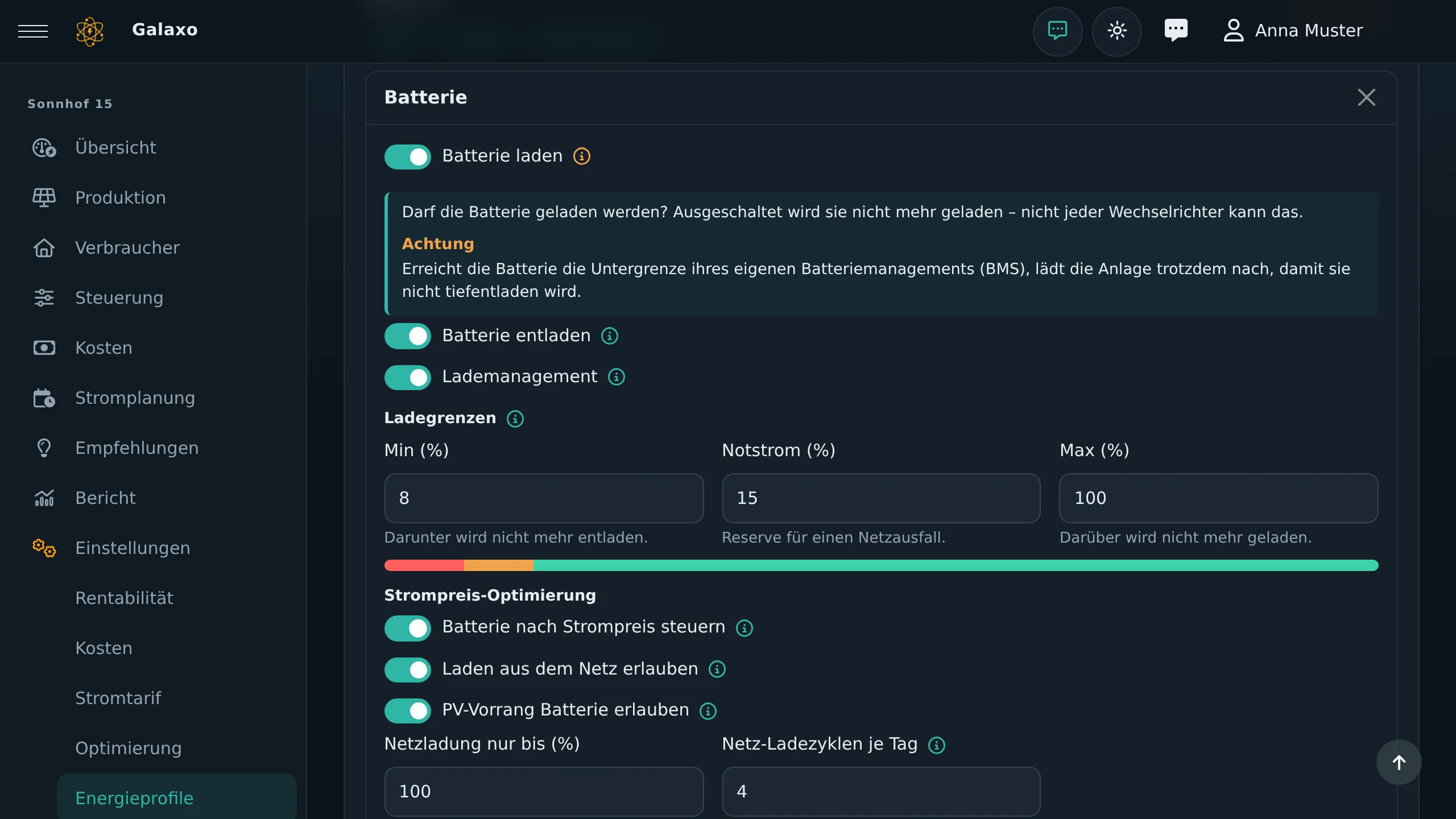 Bearbeitungsfenster eines Geräts im Energieprofil mit aufgeklappter Hilfe