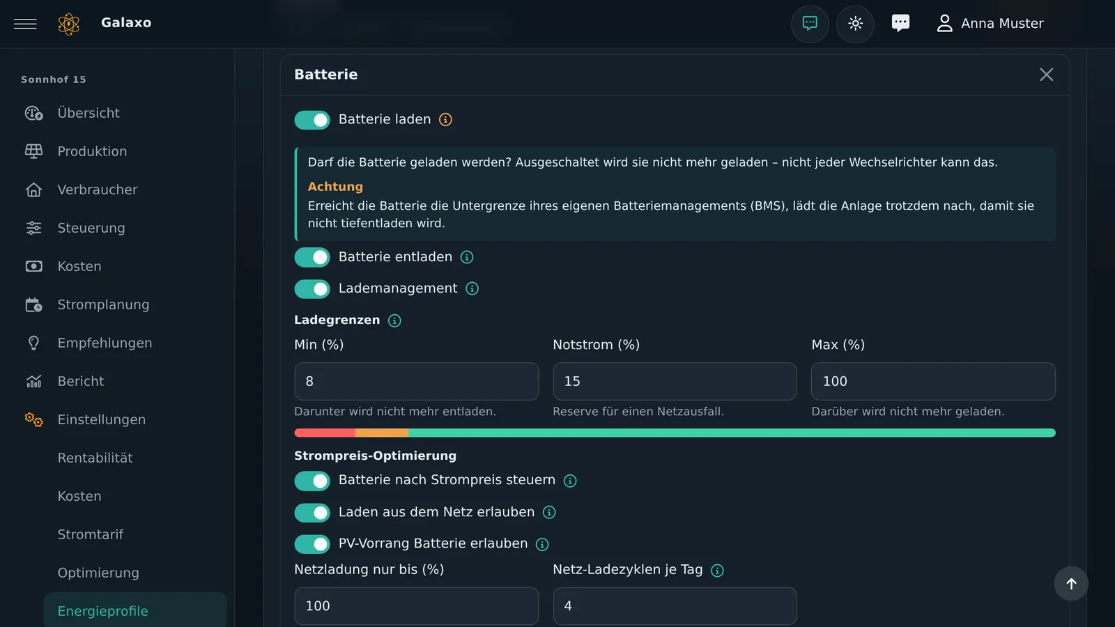 Bearbeitungsfenster eines Geräts im Energieprofil mit aufgeklappter Hilfe