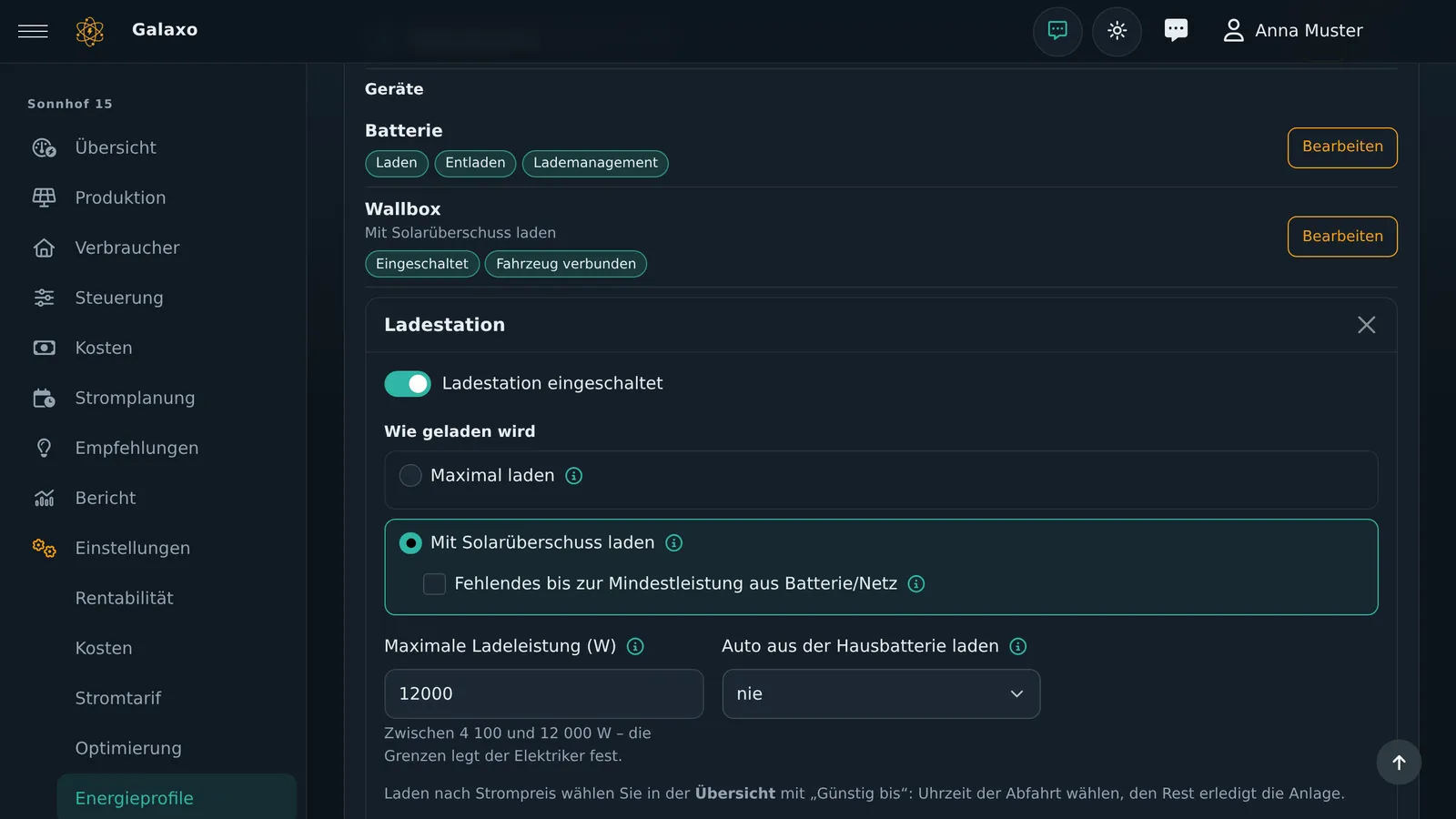 Wallbox-Einstellungen im Energieprofil