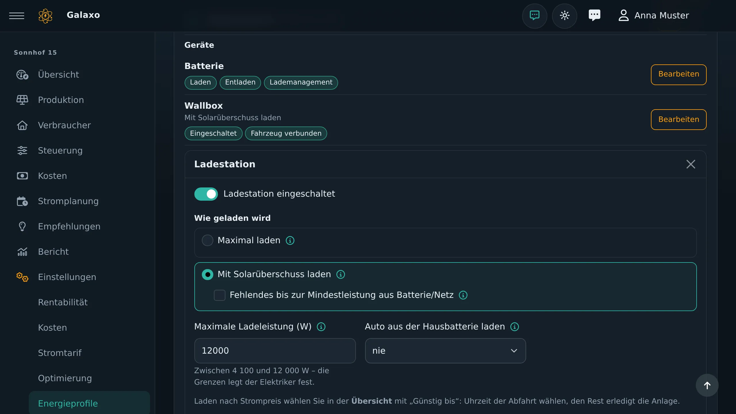 Wallbox-Einstellungen im Energieprofil