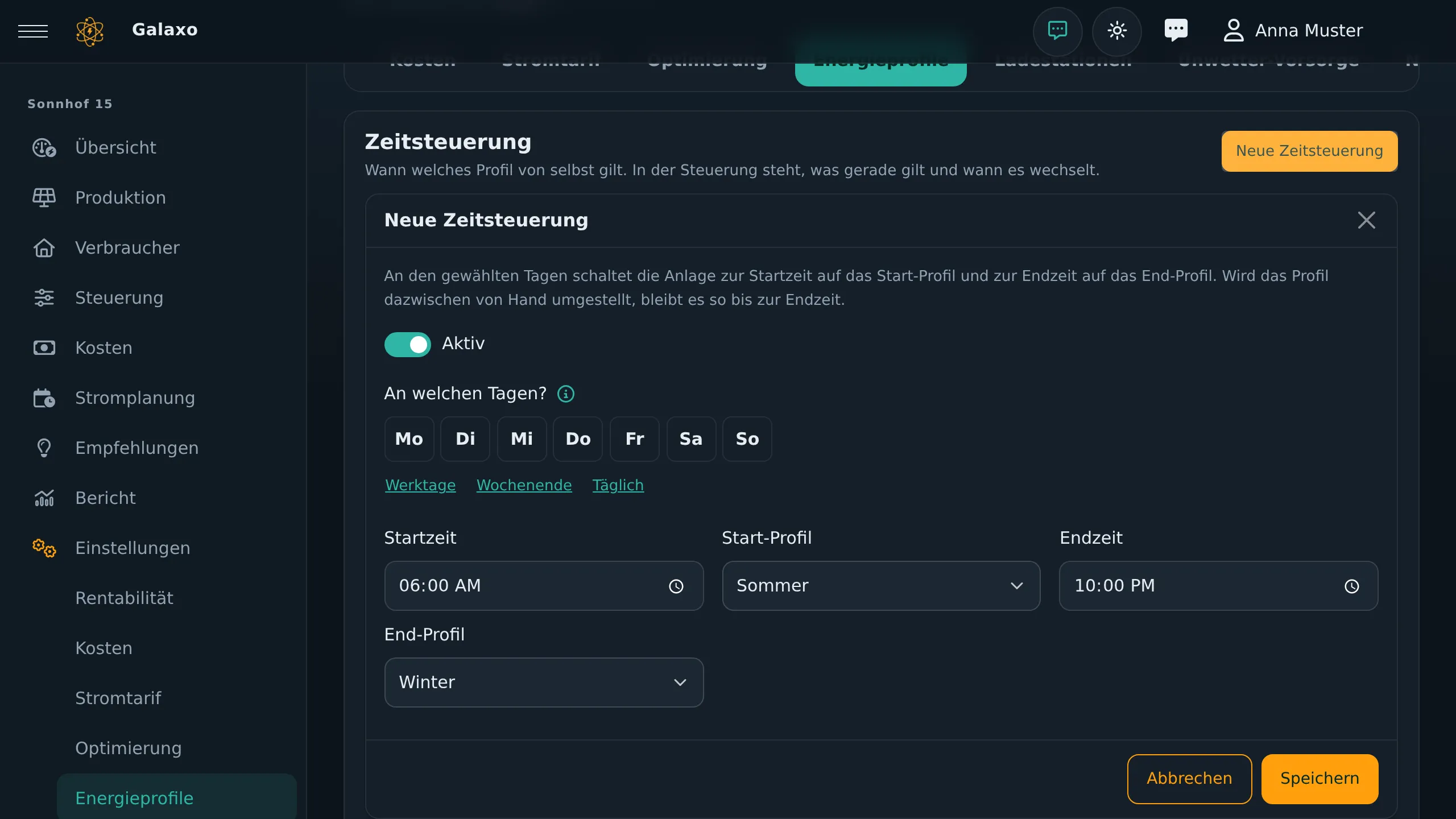 Zeitsteuerung der Energieprofile