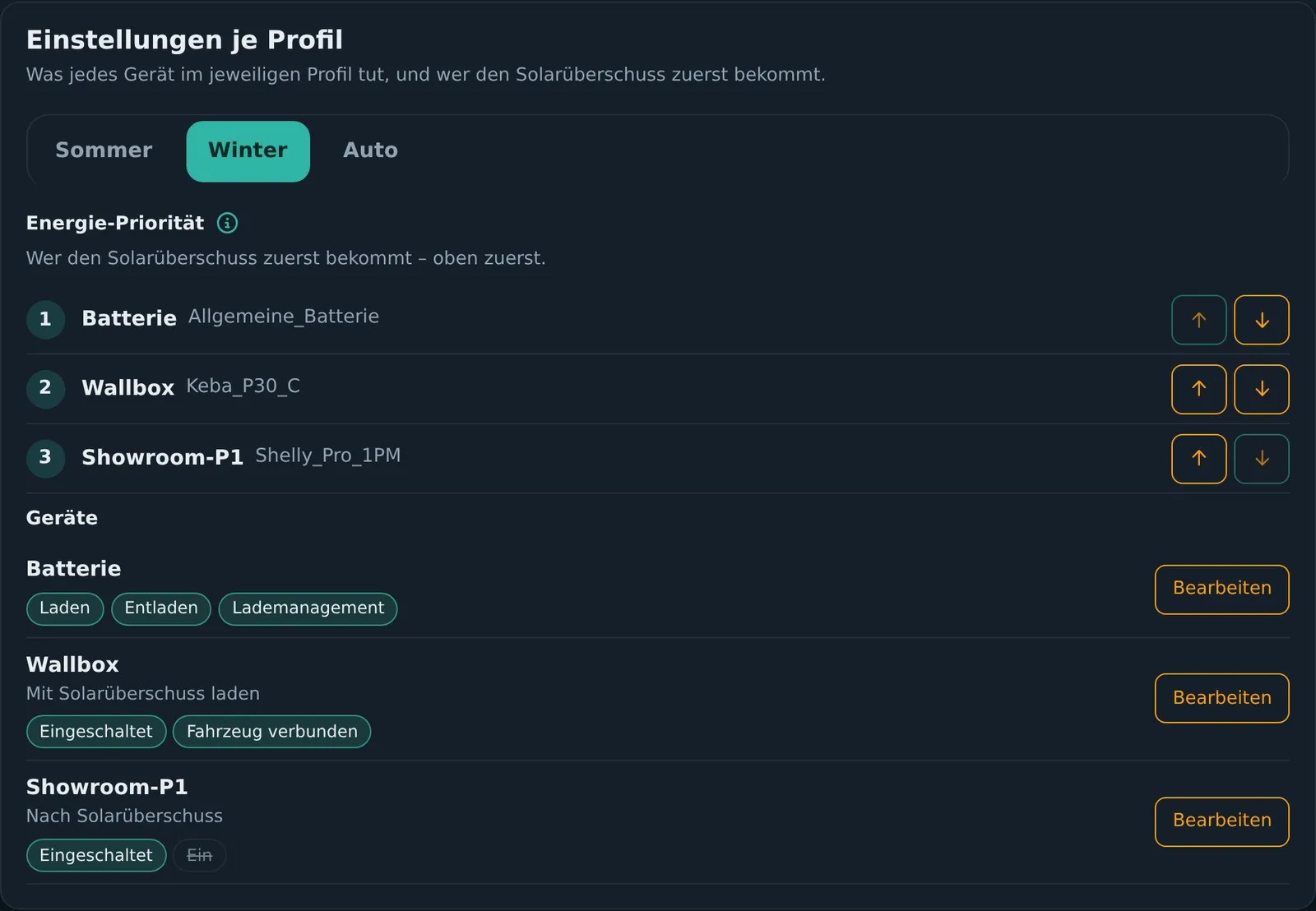 Einstellungen je Profil mit Energie-Priorität und Geräten