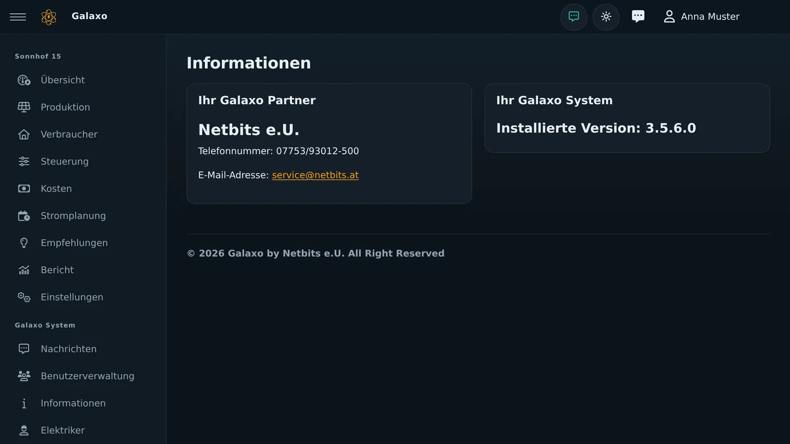 Informationen mit Galaxo-Partner und installierter Version