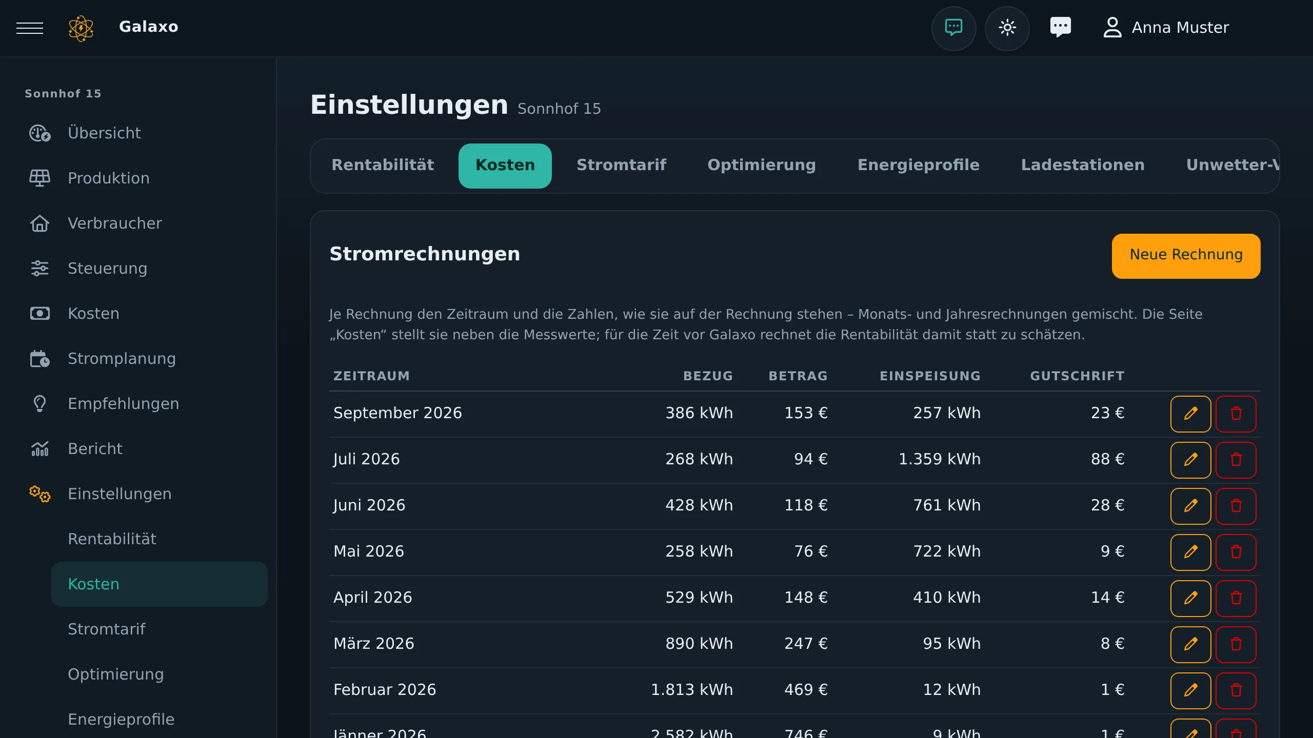 Liste der Stromrechnungen mit Zeitraum, Bezug, Beträgen, Einspeisung und Gutschrift