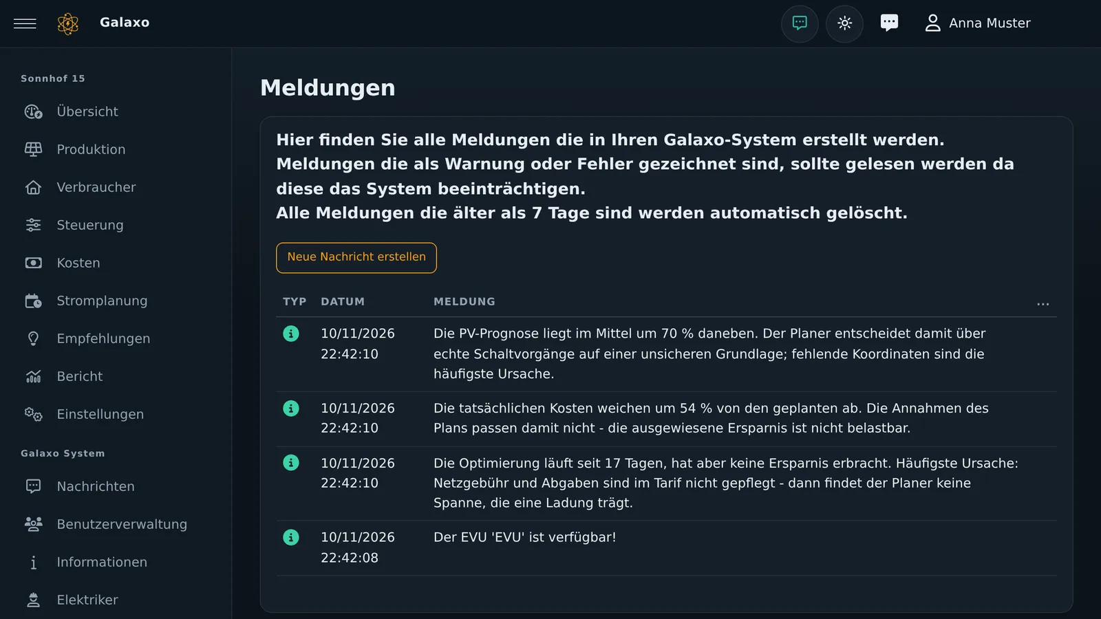 Meldungsliste mit Typ, Datum und Meldung