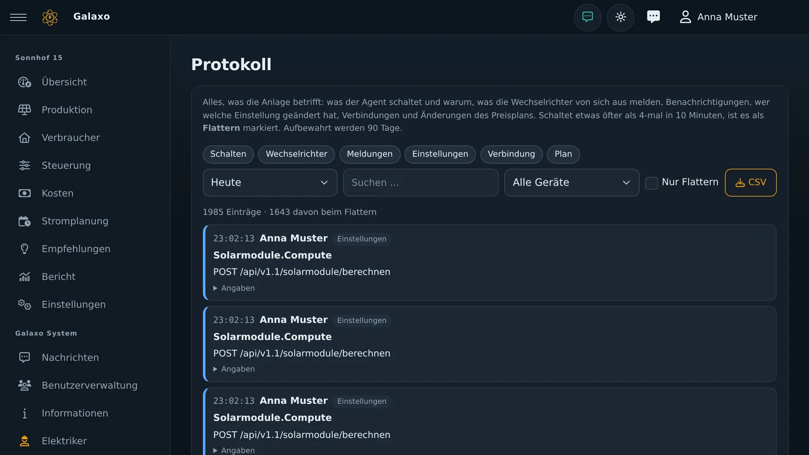 Anlagen-Protokoll mit Verbindungen und Profilwechseln