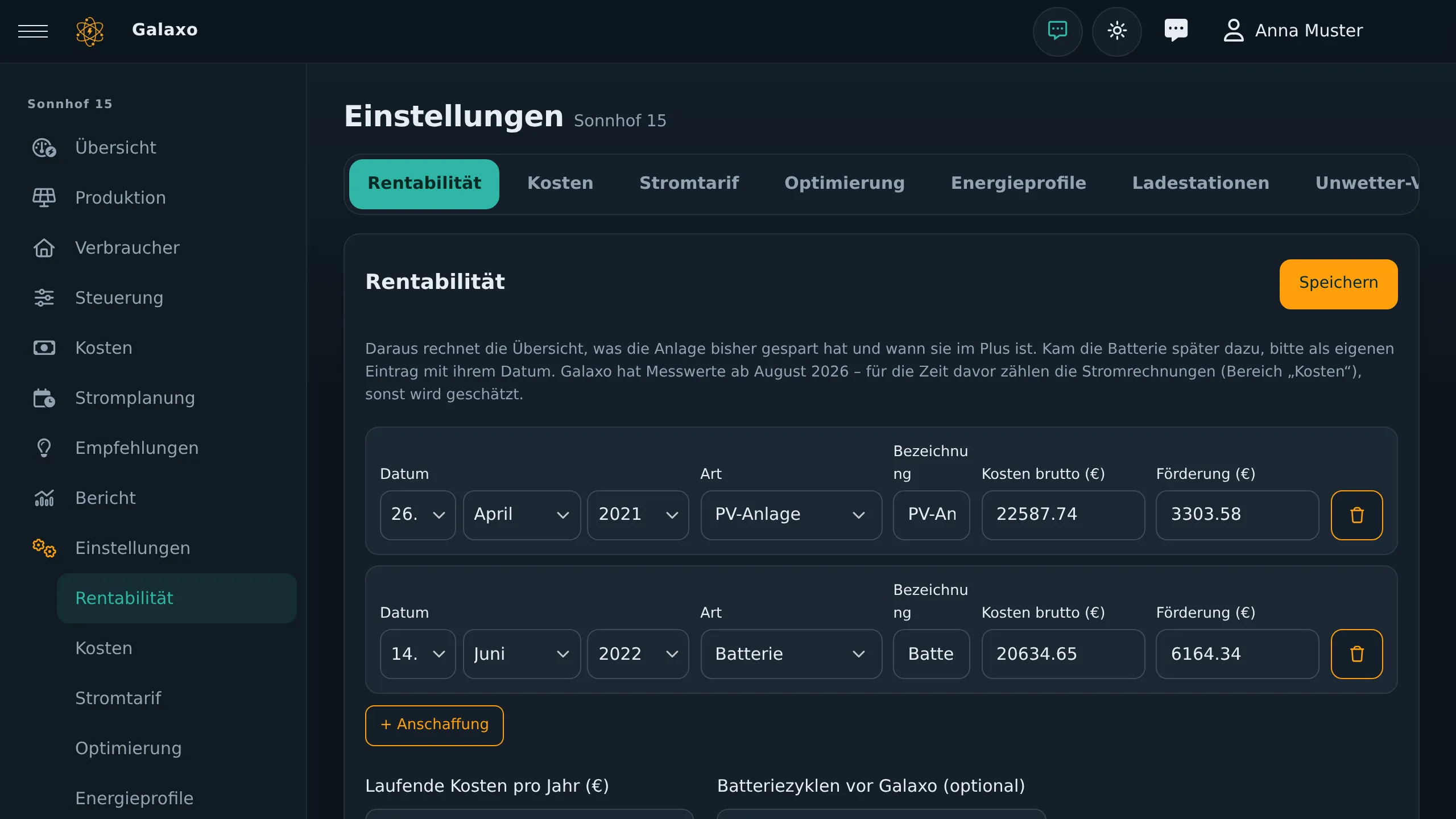 Einstellungen Rentabilität mit zwei Anschaffungen
