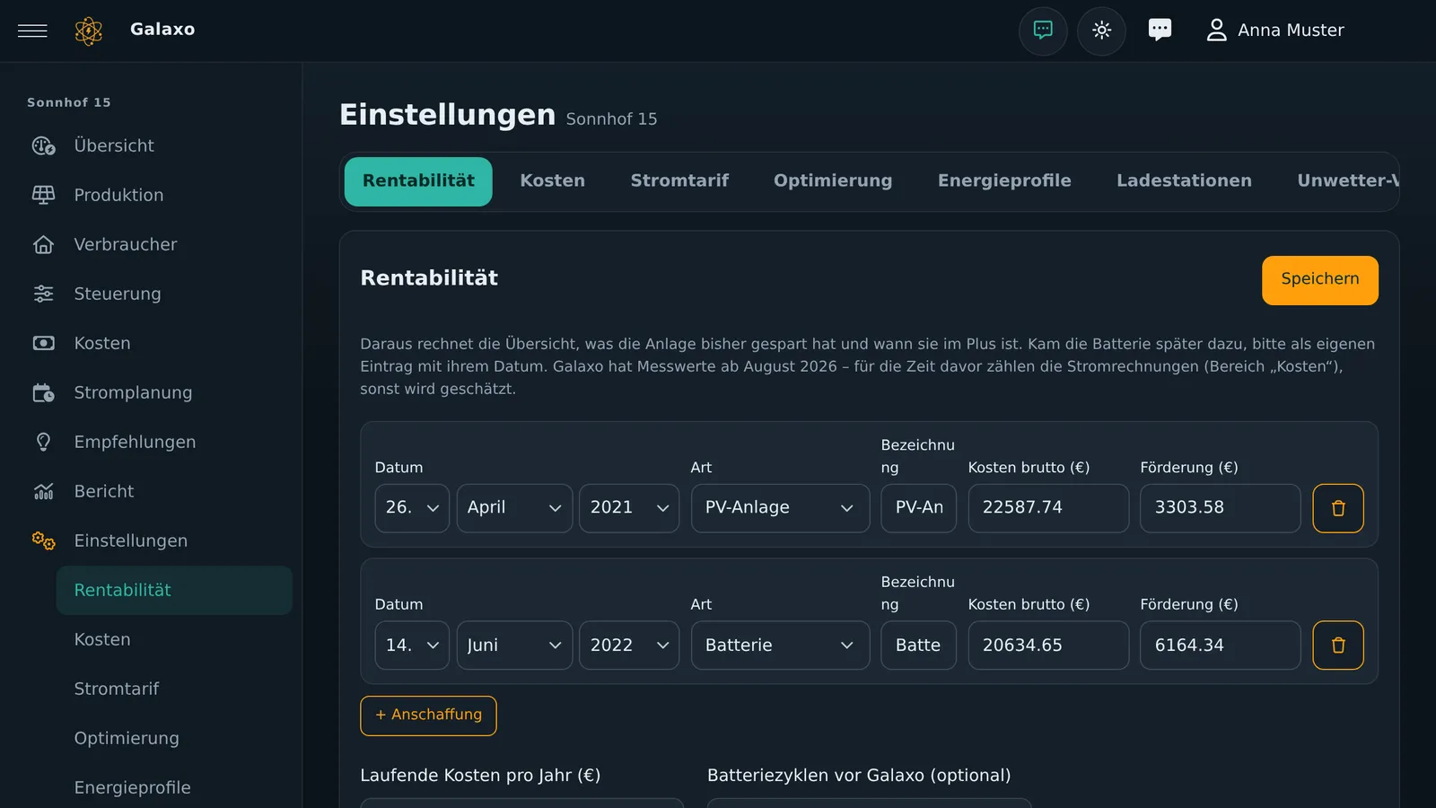 Einstellungen Rentabilität mit zwei Anschaffungen