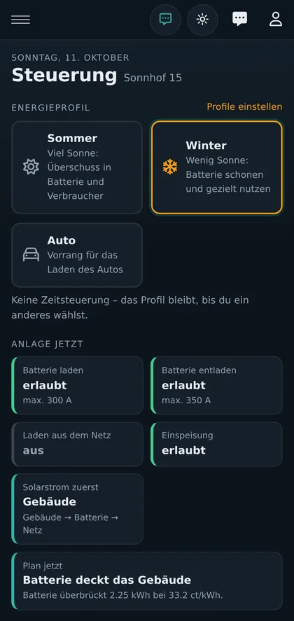 Energieprofile in der Steuerung am Handy