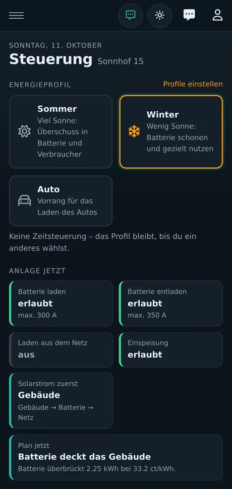 Energieprofile in der Steuerung am Handy