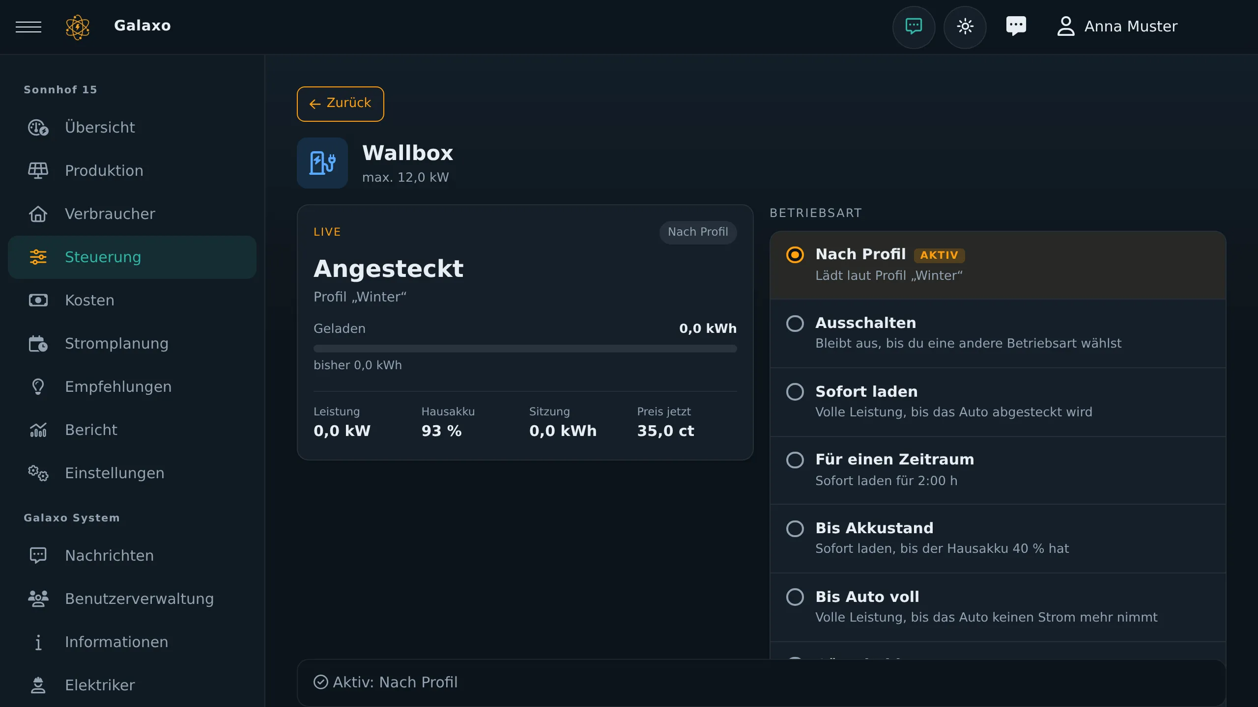 Wallbox mit den acht Betriebsarten